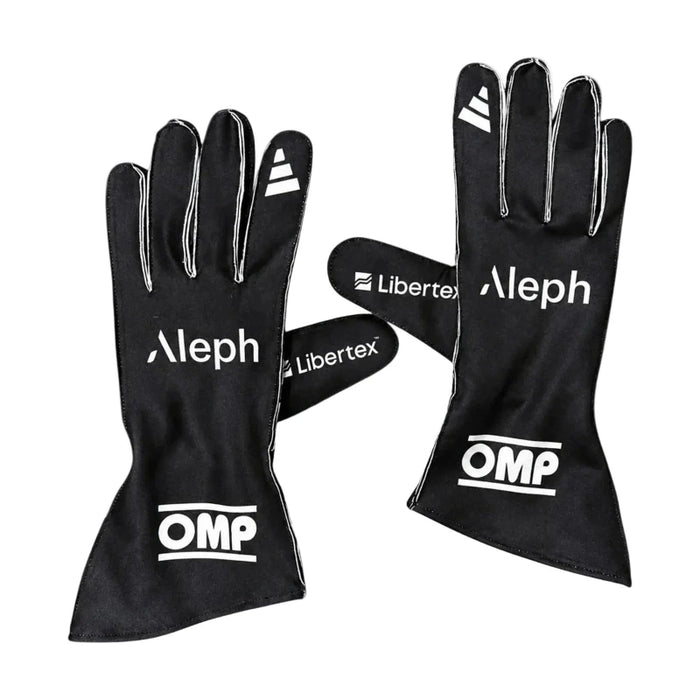 Front view of Audi F1 Team replica racing gloves with sublimated livery graphics