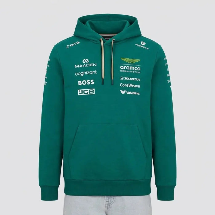 Front view of Aston Martin F1 Aramco 2026 team driver green pullover hoodie with kangaroo pocket