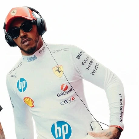 Front view of Lewis Hamilton 2026 Ferrari HP F1 red compression undershirt with sublimated graphics