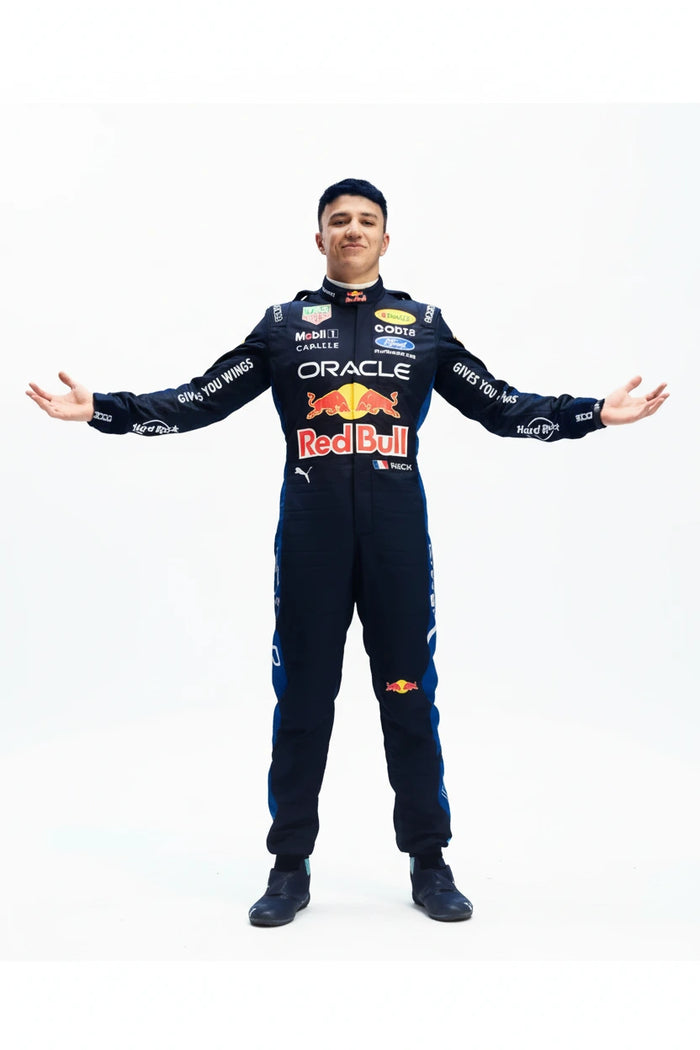 Front view of Isack Hadjar 2026 Red Bull Racing F1 replica race suit in team colors