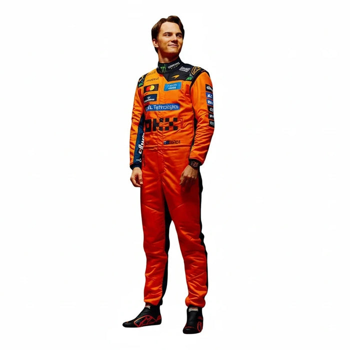 Front view of Oscar Piastri 2026 McLaren F1 replica racing suit in papaya orange team livery