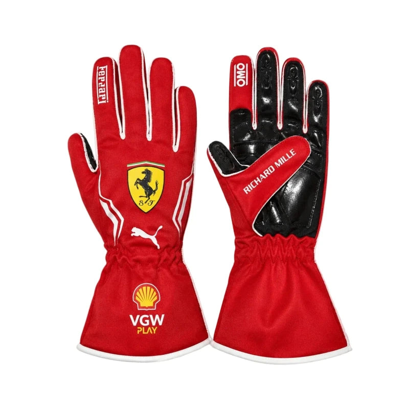 Front view of Scuderia Ferrari F1 replica racing gloves in classic Rosso Corsa red