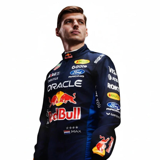 Front view of Max Verstappen 2026 Red Bull Racing F1 replica race suit in team colors