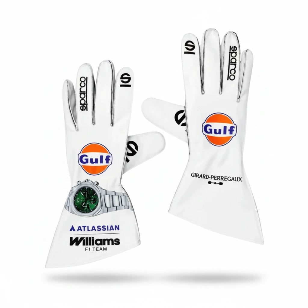 Front view of Atlassian Williams F1 racing gloves in team blue livery