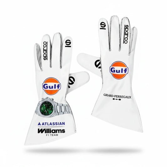 Front view of Atlassian Williams F1 racing gloves in team blue livery