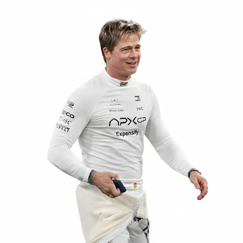 Front view of APXGP F1 inspired compression shirt with sublimated movie team graphics