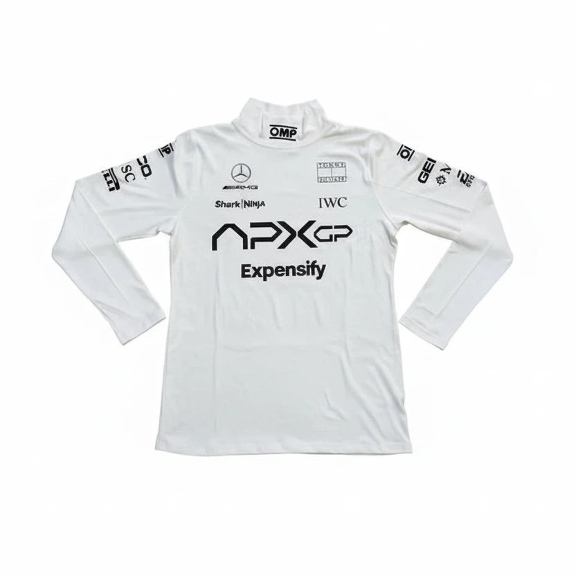 Side view showing ergonomic fit and stitch details on APXGP black and gold athletic undershirt