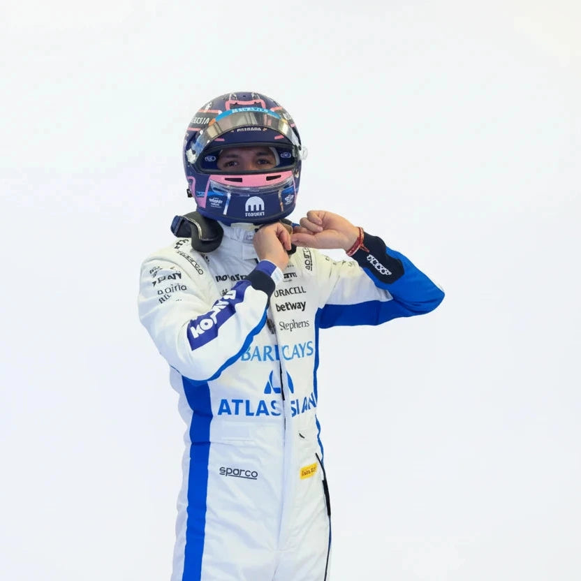 Close-up detail of Alex Albon number 23 graphics on Williams F1 racing suit