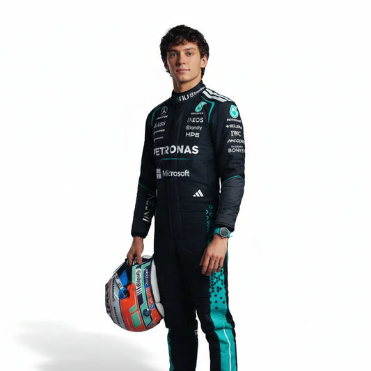 Front view of Kimi Antonelli 2026 Mercedes F1 replica race suit in silver and black team livery