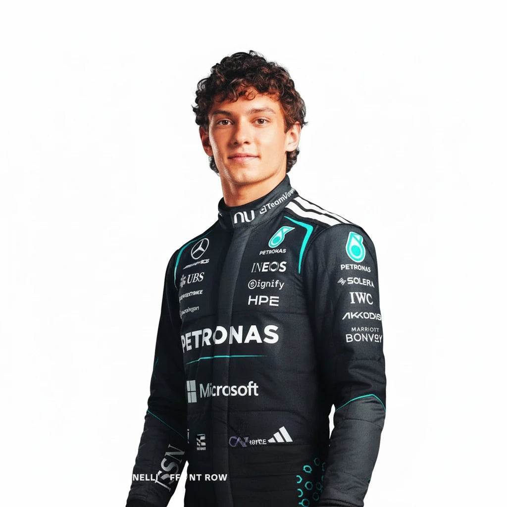 Close-up detail of Kimi Antonelli number 12 graphics on Mercedes F1 racing suit