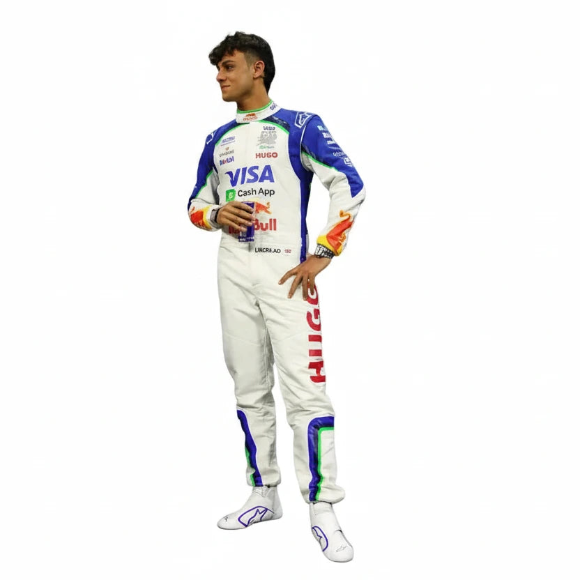 Front view of Arvid Lindblad 2026 Visa Cash App F1 replica racing suit in team colors