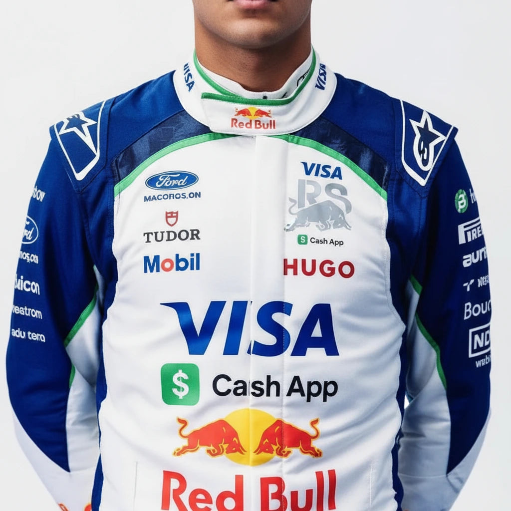 Close-up detail of Arvid Lindblad driver graphics on Visa Cash App F1 racing suit
