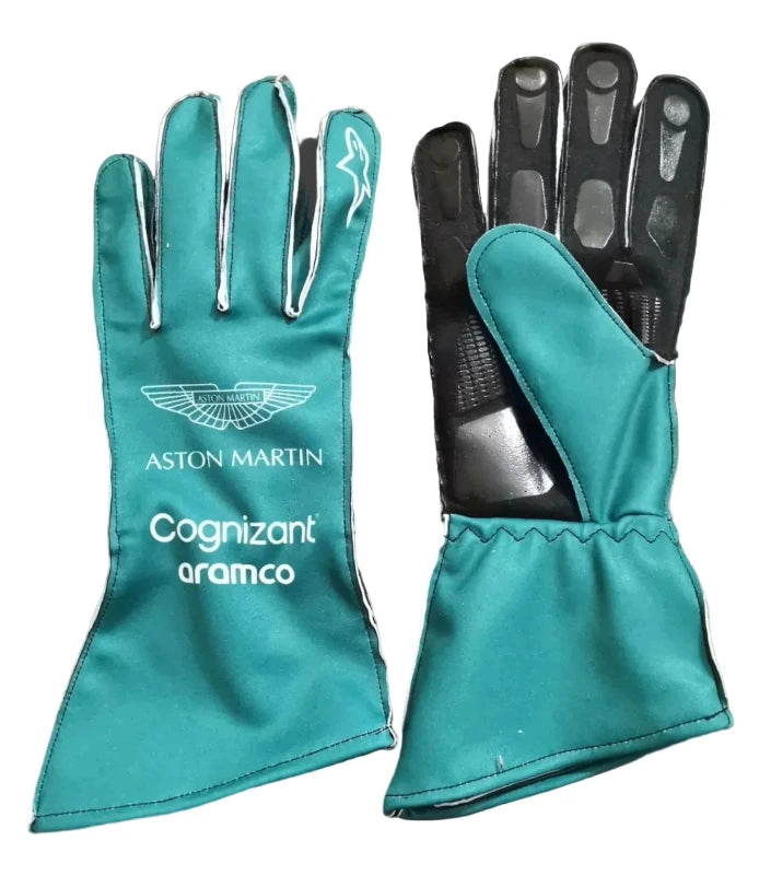 Close-up detail of palm grip and sublimated logos on Aston Martin karting gloves