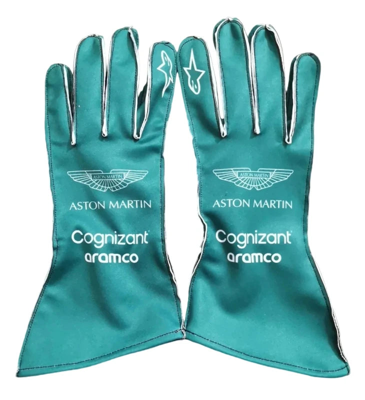 Front view of Aston Martin F1 replica racing gloves in racing green livery
