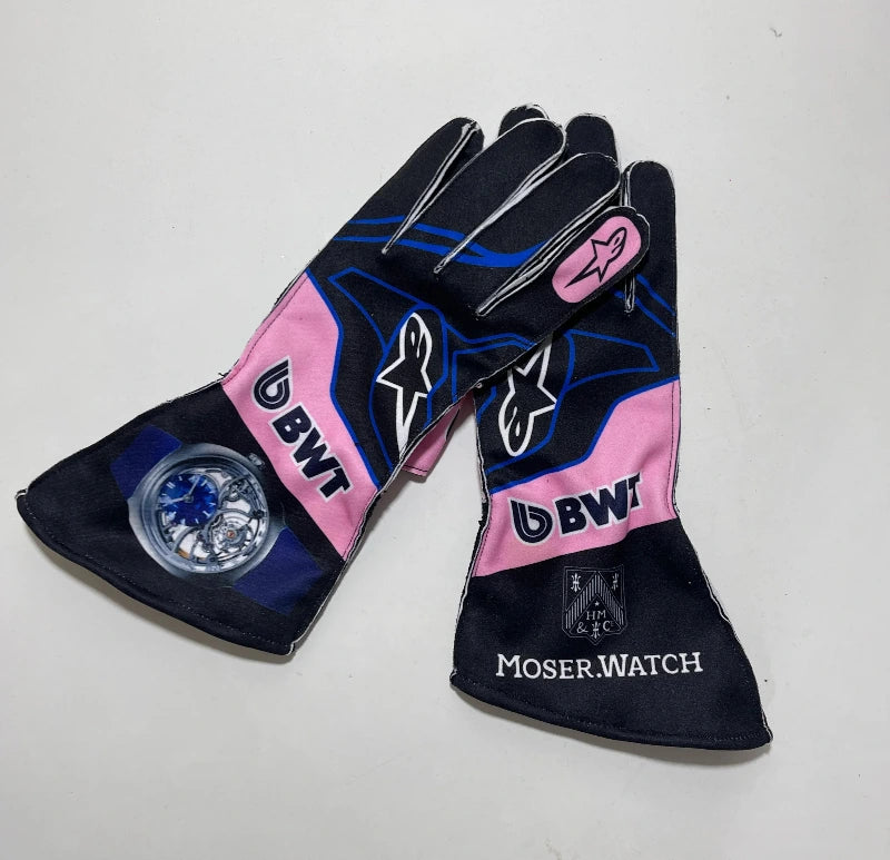Front view of BWT Alpine F1 replica racing gloves in blue and pink livery