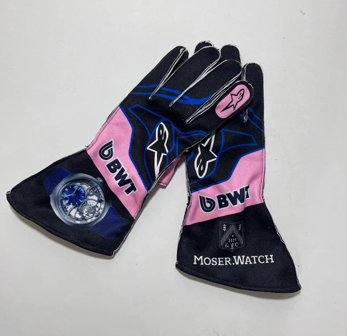 Front view of BWT Alpine F1 replica racing gloves in blue and pink livery