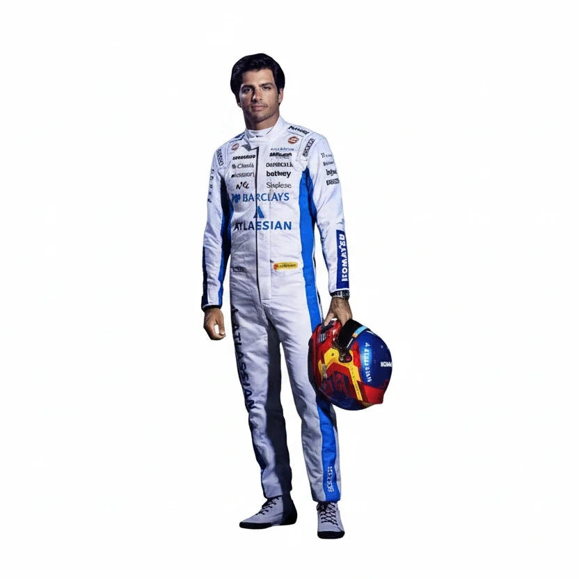 Close-up detail of Carlos Sainz number 55 graphics on Williams F1 racing suit