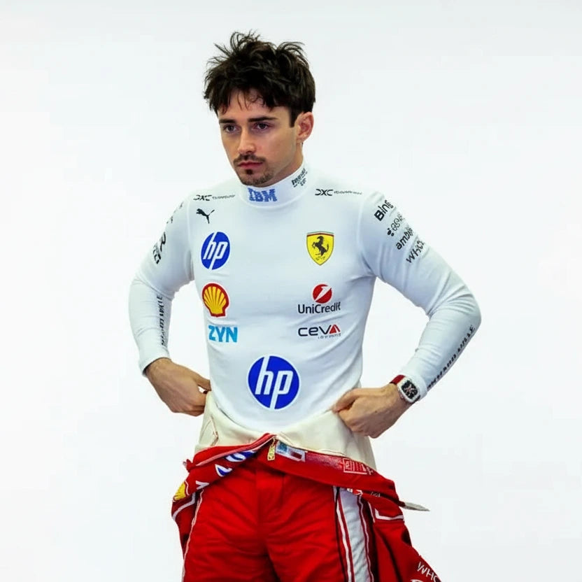 Front view of Charles Leclerc 2026 Ferrari HP F1 red compression undershirt with sublimated graphics