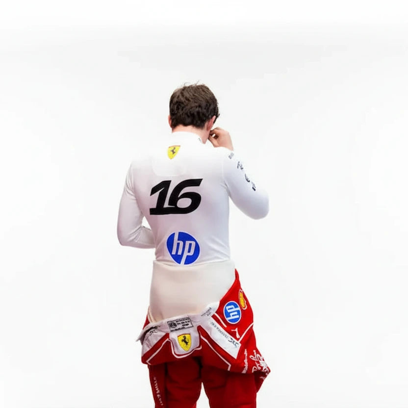 Close-up detail of Charles Leclerc number 16 sublimated printing on Lycra compression shirt