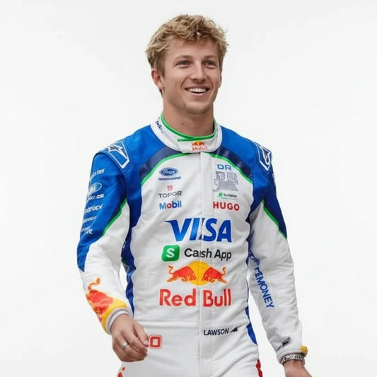 Close-up detail of Liam Lawson number 30 graphics on Visa Cash App F1 racing suit