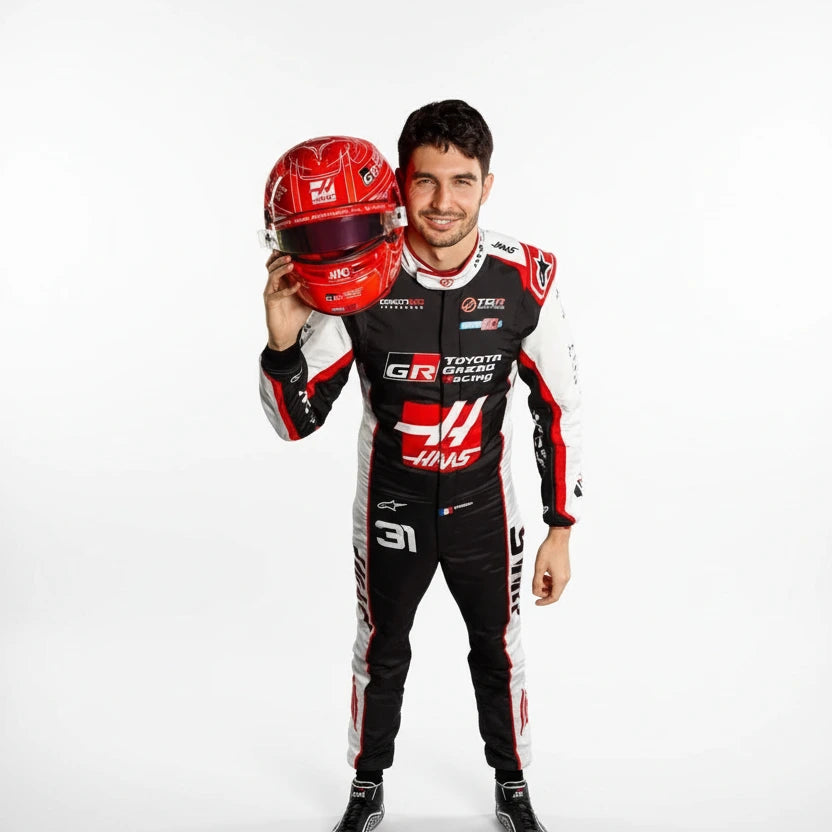 Close-up detail of Esteban Ocon number 31 graphics on Haas F1 racing suit