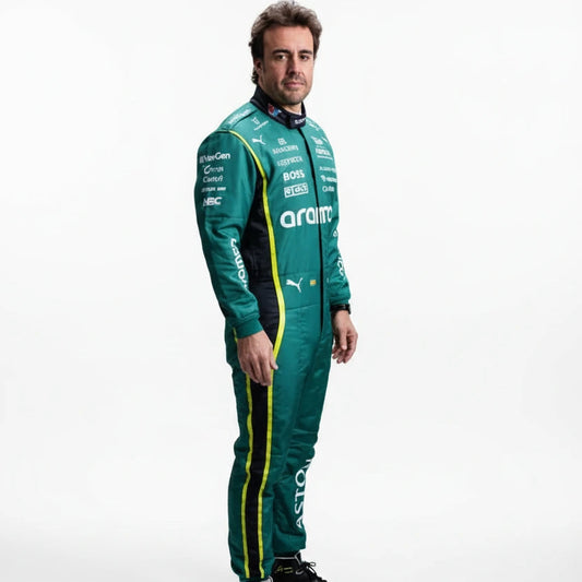 Front view of Fernando Alonso 2026 Aston Martin F1 replica race suit in green team livery