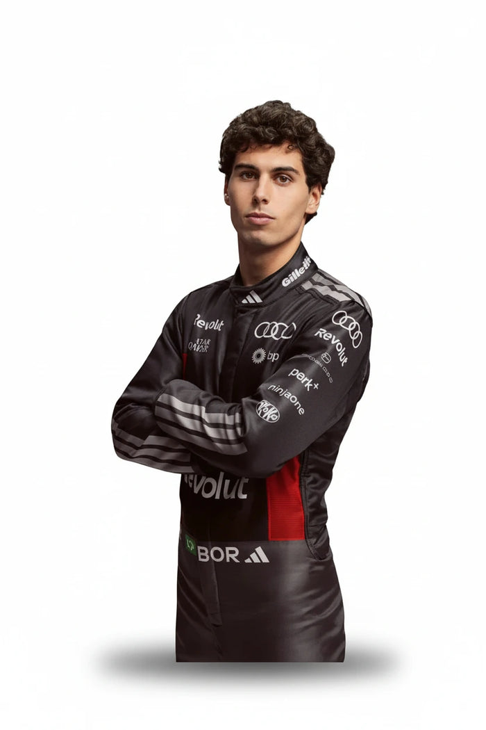 Front view of Gabriel Bortoleto 2026 Audi Revolut F1 replica race suit in team livery