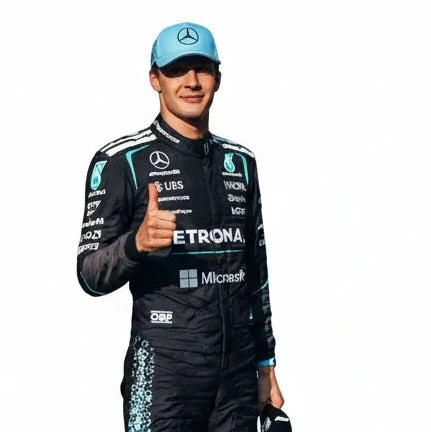 Front view of George Russell 2026 Mercedes F1 replica race suit in silver and black team livery