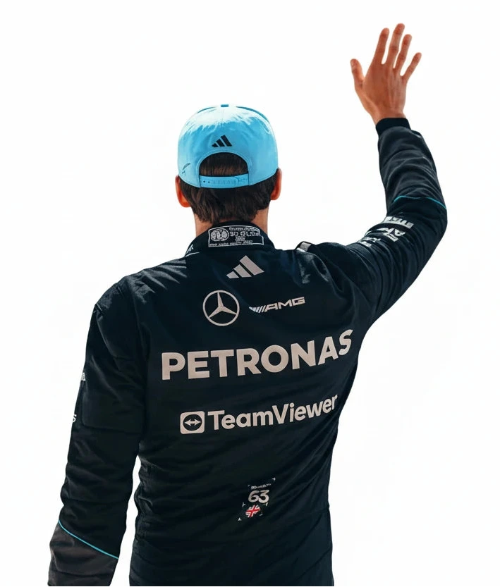 Close-up detail of George Russell number 63 graphics on Mercedes F1 racing suit