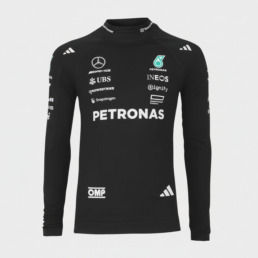 Front view of George Russell black F1 compression undershirt with sublimated graphics