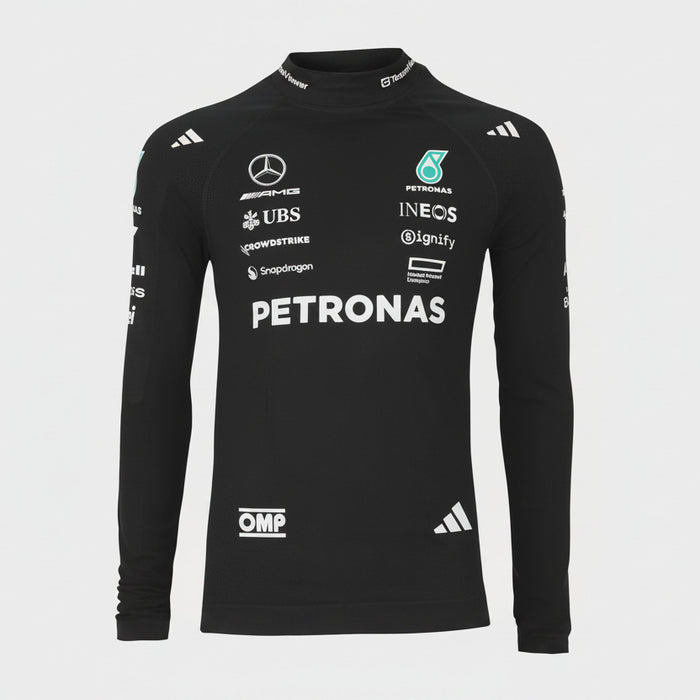 Front view of George Russell black F1 compression undershirt with sublimated graphics