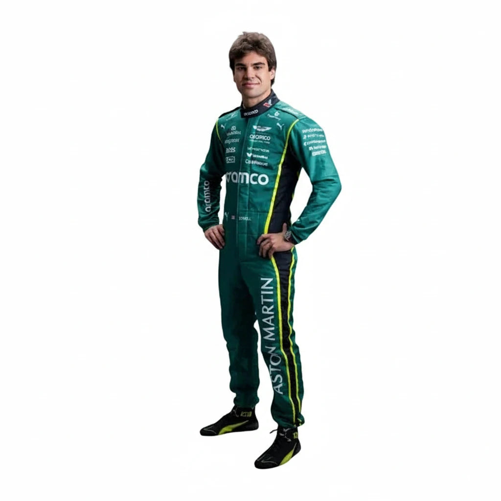 Close-up detail of Lance Stroll number 18 graphics on Aston Martin F1 racing suit