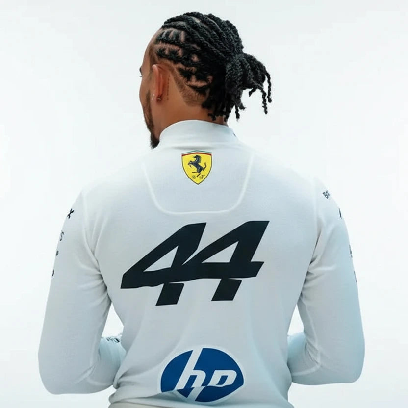Close-up detail of Lewis Hamilton number 44 sublimated printing on Lycra compression shirt