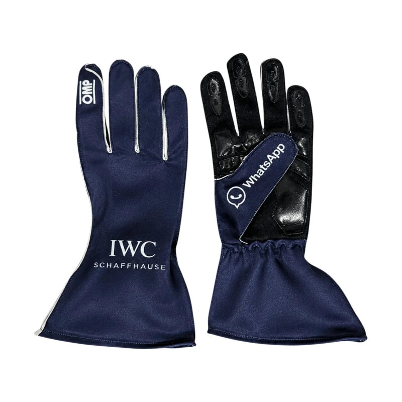 Close-up detail of palm grip and Petronas teal sublimated logos on Mercedes karting gloves