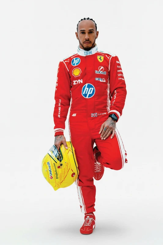 Front view of Lewis Hamilton 2026 Ferrari HP F1 replica race suit in iconic red team livery