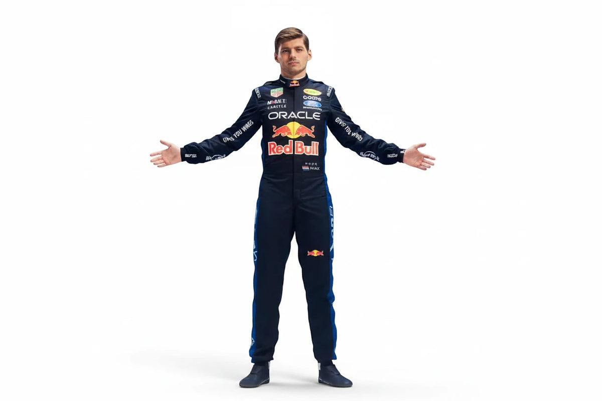 Close-up detail of Max Verstappen number 3 graphics on Red Bull Racing F1 suit