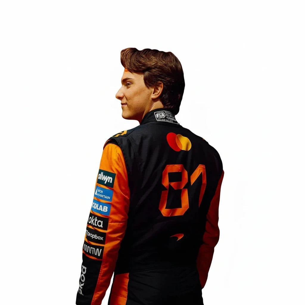 Close-up detail of Oscar Piastri number 81 graphics on McLaren F1 racing suit