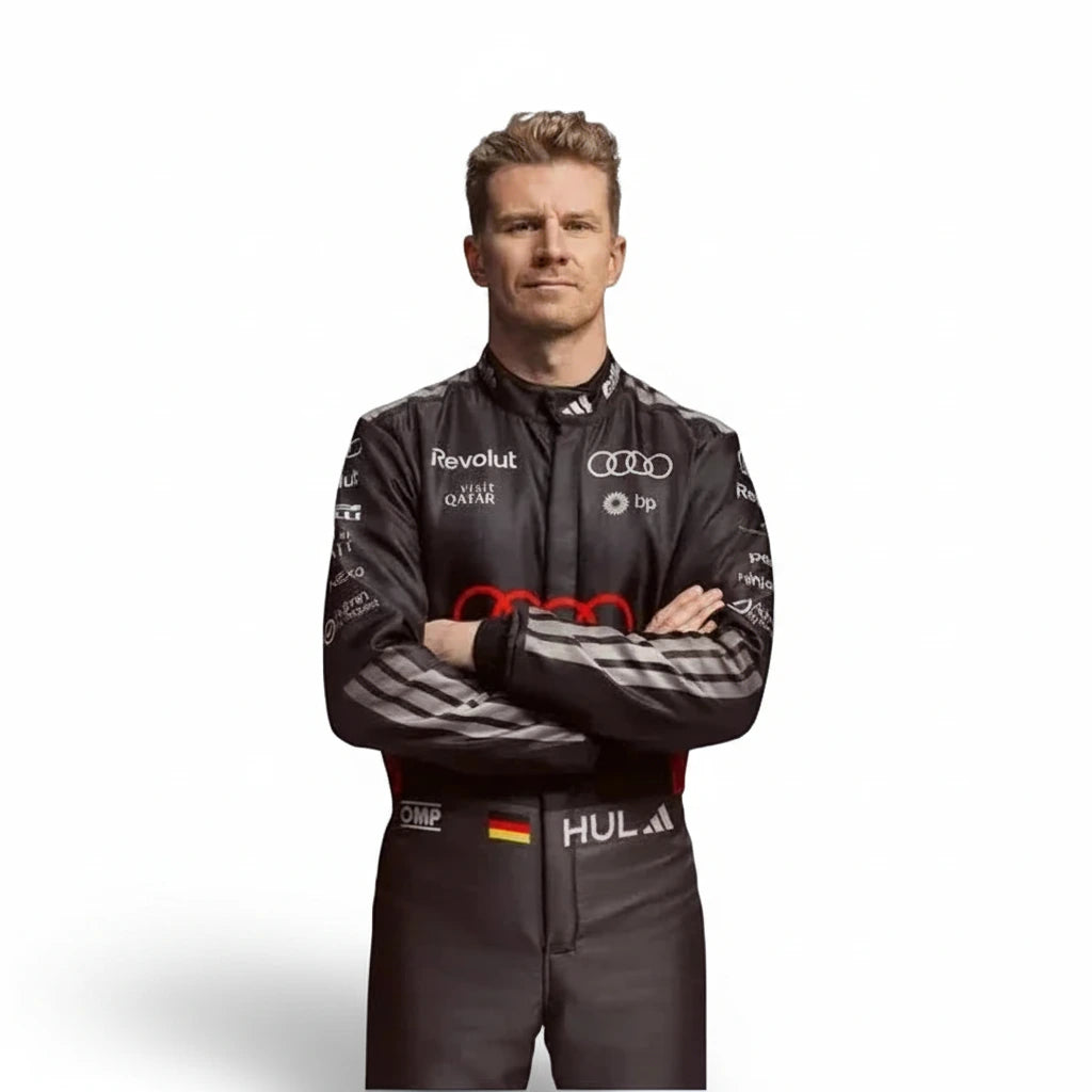 Close-up detail of Nico Hulkenberg number 27 graphics on Audi Revolut F1 racing suit
