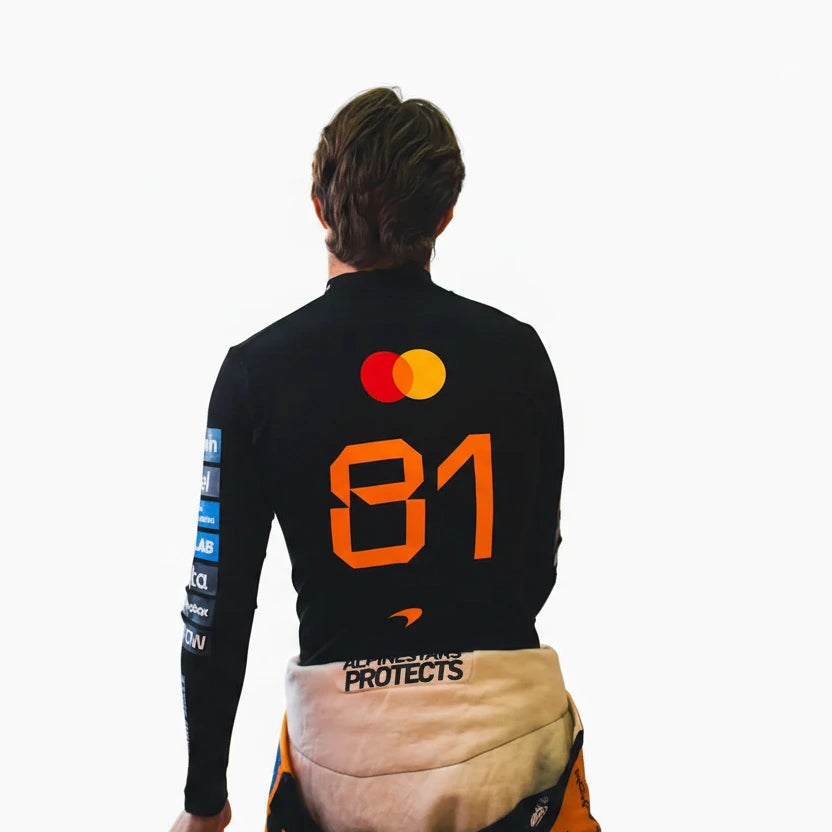 Close-up detail of Oscar Piastri number 81 sublimated printing on Lycra compression shirt