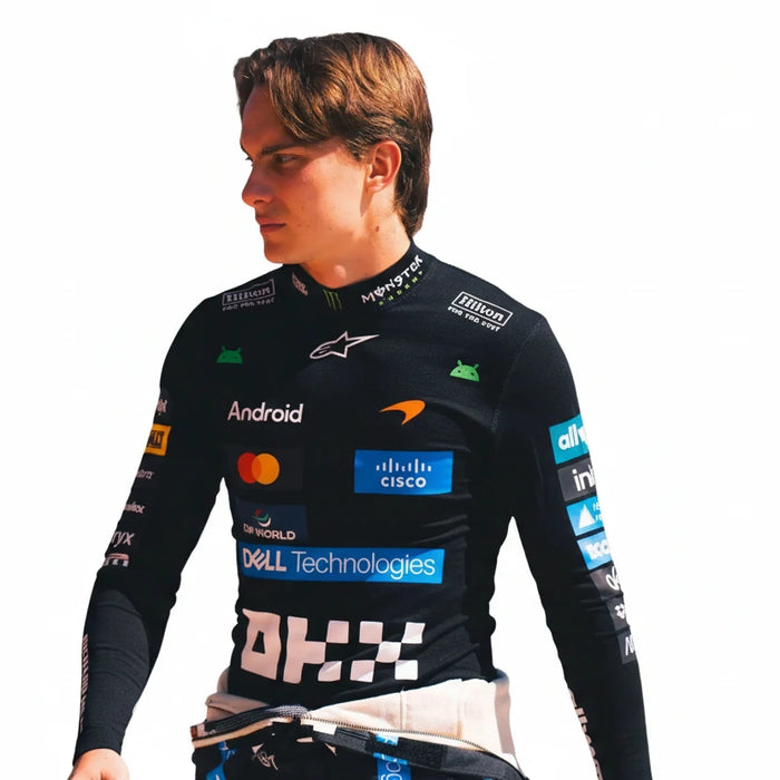 Front view of Oscar Piastri 2026 McLaren F1 compression undershirt with sublimated graphics