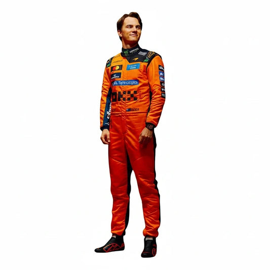Front view of Oscar Piastri 2026 McLaren F1 replica racing suit in papaya orange team livery
