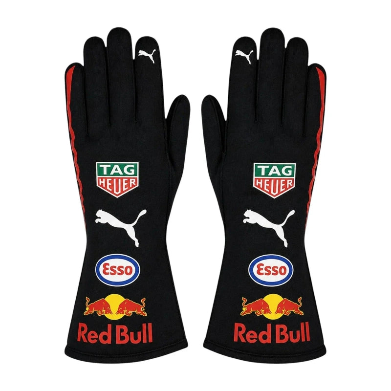 Front view of Red Bull Racing F1 replica gloves with sublimated team graphics