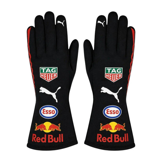 Front view of Red Bull Racing F1 replica gloves with sublimated team graphics