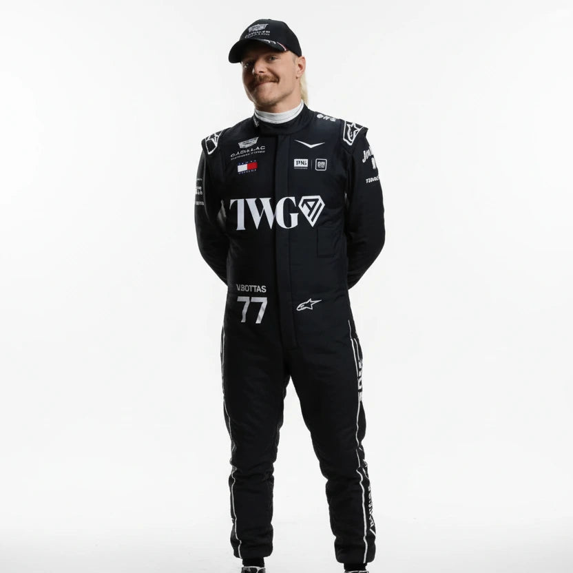 Front view of Valtteri Bottas 2026 Cadillac F1 replica race suit in team livery