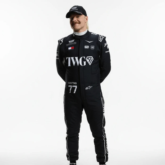 Front view of Valtteri Bottas 2026 Cadillac F1 replica race suit in team livery