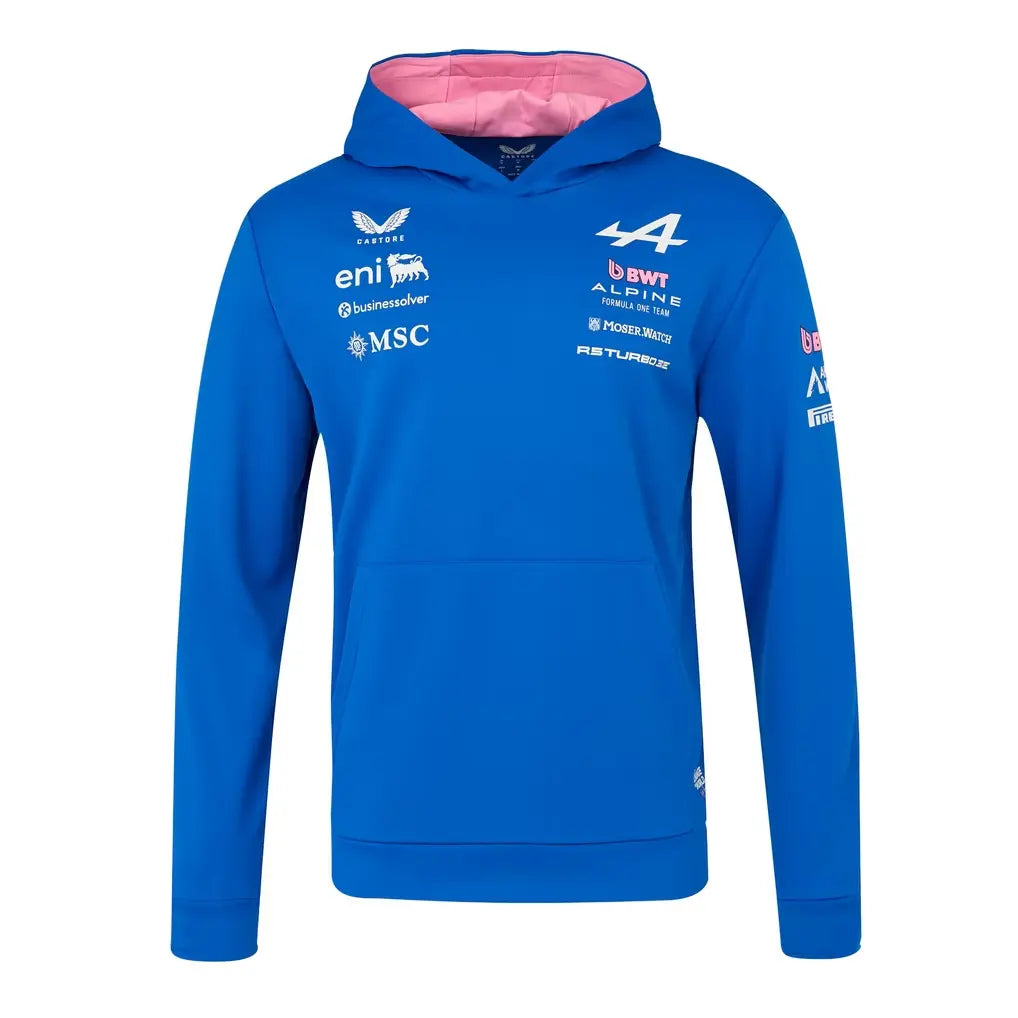 Front view of Alpine F1 Team 2026 unisex replica pull-on hoodie in blue team livery