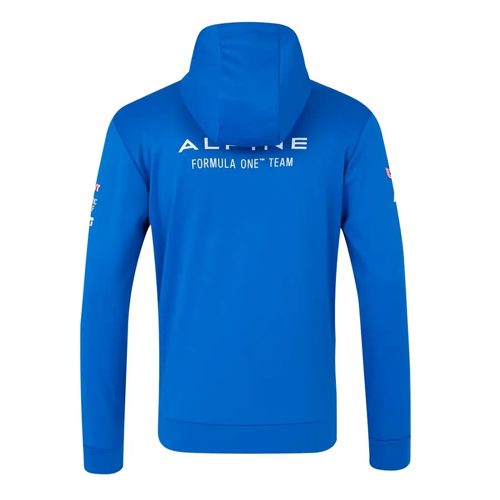Back view showing regular fit and cuffed sleeves on Alpine F1 racing hoodie