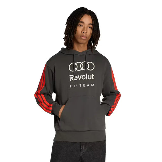Front view of Audi F1 adidas DNA logo black replica pullover hoodie with drawcord hood