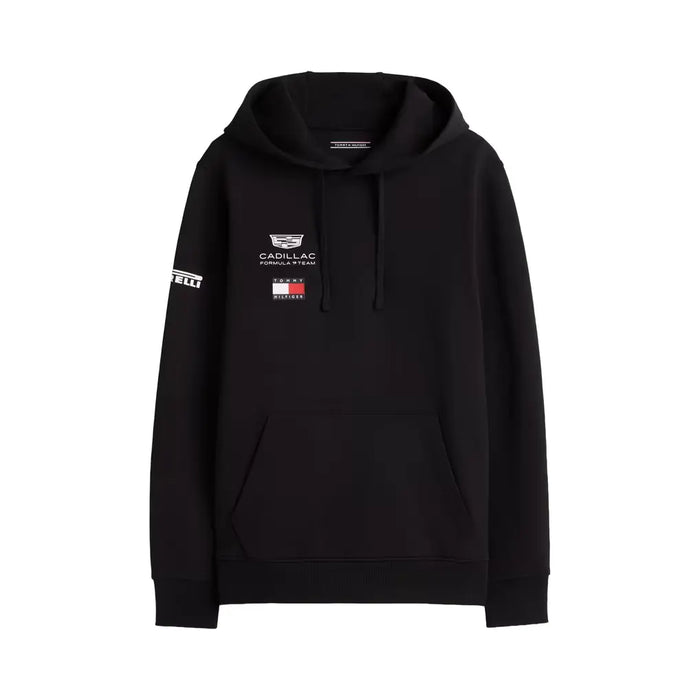 Front view of Cadillac F1 Tommy Hilfiger team unisex replica pullover hoodie with kangaroo pocket