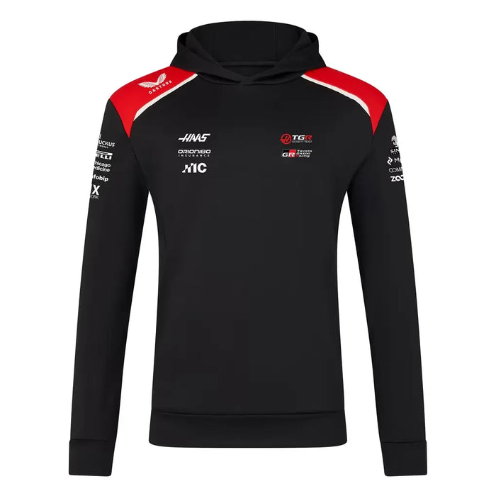Front view of Haas F1 2026 team overhead replica pullover hoodie with team logos